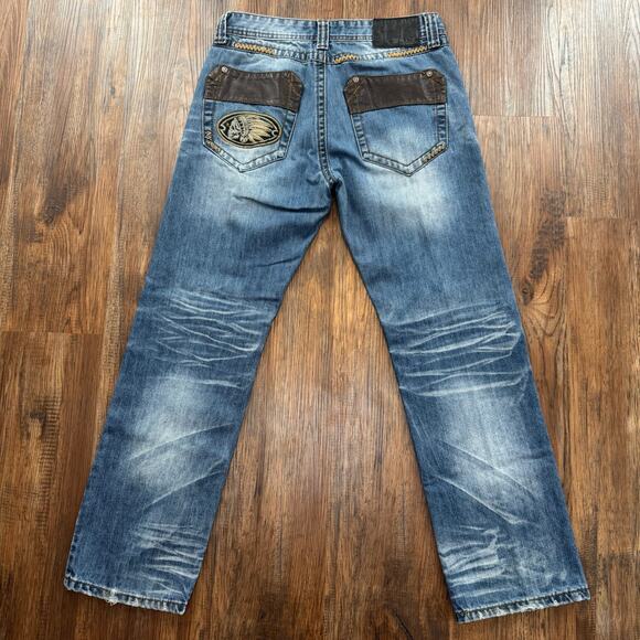 CJ Black Premium Indian Skull Jeans 28/30 Relaxed Straight distress leather trim - Picture 5 of 10